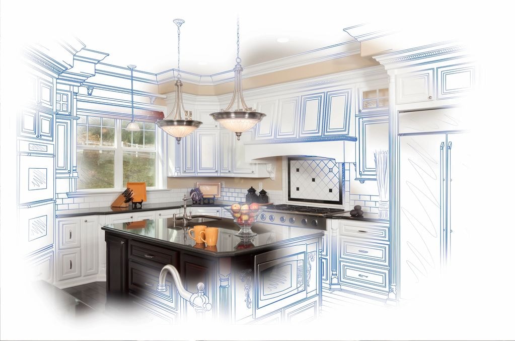 Modern kitchen and bathroom design rendering with blueprint overlay